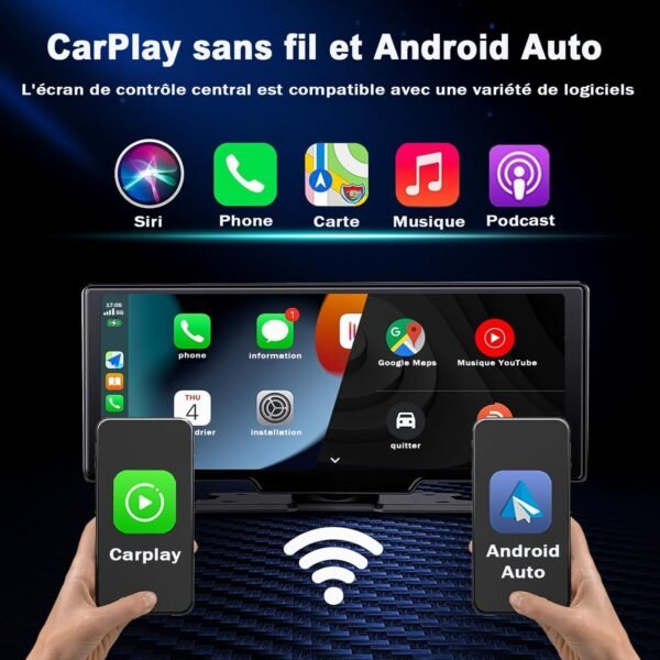 L’autoradio sans fil CarPlay & Android Auto combine une connexion Bluetooth/Wi‑Fi pour une intégration smartphone fluide, un écran tactile HD et des fonctionnalités multimédia avancées, tout en offrant une installation plug‑and‑play et une compatibilité étendue avec la plupart des véhicules